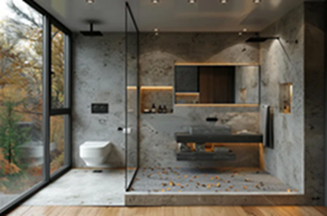 Modern-Bathroom-with-Floor-to-Ceiling-Windows-and-Concrete-Walls